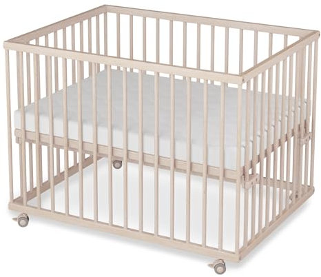 Sämann Laufstall Baby mit Matratze SleepPlus, Lattenrost und Schlupfsprossen | stufenlos höhenverstellbar | Laufgitter Premium | Babybett aus Holz | Krabbelgitter (natur, 75x100 cm)