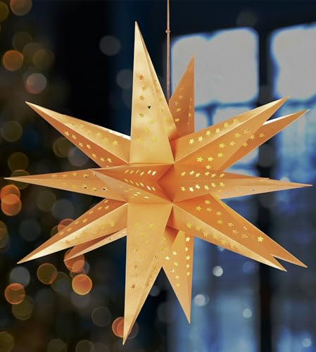 BRUBAKER Étoile de Noël 3D pour l'Intérieur - 60 cm Étoile Lumineuse XXL en Papier - Fonctionne sur Piles avec Minuterie - Étoile LED Suspendue - Étoile de l'Avent pour Décoration de Noël - Or