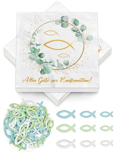 40 Stück Servietten Konfirmation + 60 Holzfische Set, Konfirmation Deko Junge Mädchen Eukalyptus Grün, Streudeko Tischdeko, Party Geschenke Gastgeschenke, Konfirmationsgeschenke Jungen Mädchen