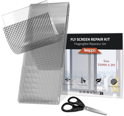 teeppo Fliegengitter Reparatur Klebeband Set 2m - Insektenschutz Fliegengitter Reparatur Set - Stark Selbstklebend Glasfaser - Verhindern Moskitos Insekten - Inklusive Schere - Grau (2 m x 5 cm)