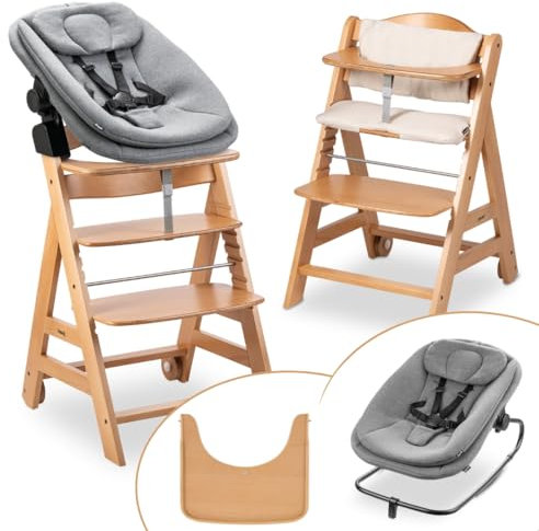 hauck Hochstuhl Beta+ Newborn Set 3in1 Highchair Bouncer - mitwachsender Holz Babyhochstuhl ab Geburt, inkl. Neugeborenenaufsatz, Sitzpolster und Essbrett - Natural