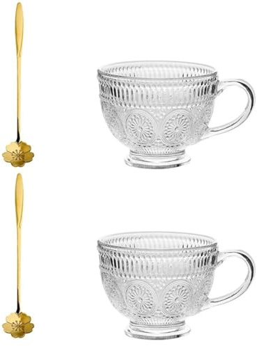 2 tazas de café vintage, tazas de té de vidrio de 400 ml con cucharas de flor de cerezo, vasos de vidrio transparente en relieve para capuchino, café con leche, cereales, yogur, leche