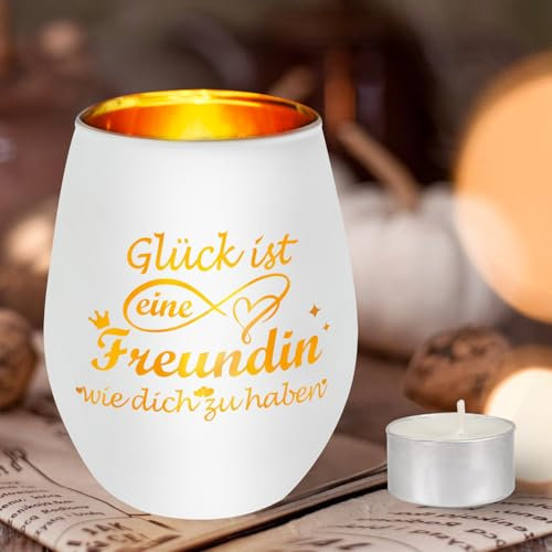 Beste Freundin Geschenke, Seutgjie Geschenke für Freundin Weihnachten Geburtstag Glückslicht Windlicht aus Glas mit Gravur Teelichthalter mit Kerze Personalisierte Geburtstagsgeschenk Kerzenständer