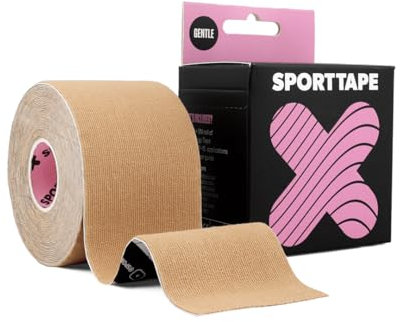 SPORTTAPE Gentle Adhesion Kinesiology Tape, 5cm x 5m, Beige - Hypoallergenic & Water Resistant Sports Tape for Sensitive Skin, Muscle Support, FTM Chest Binding, Face Taping and Light Injury Recovery