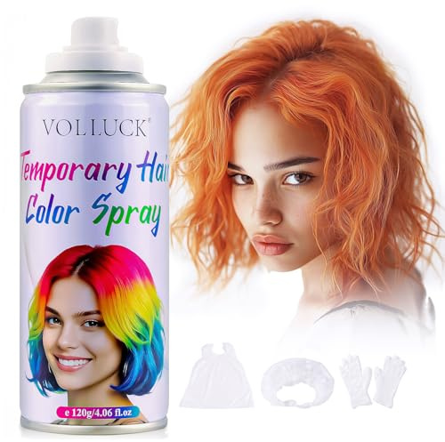 VOLLUCK Temporary Hair Colour Spray, Instant Washable Hair Dye for All Hair Types, Vibrant Color for Party, Halloween, Cosplay, and Daily Use 120 ML (Orange) | 4.06 Fl Oz, Fast-drying, Washability, Non-Sticky, Color Effectiveness, Long Lasting, DIY Hair, 1-Day Hair Dye, Ease of Use