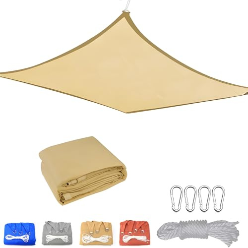 QIAQ Toldo parasol rectangular de polietileno de alta densidad de 3,6 x 4,8 m con bloqueo UV, para balcón, terraza, patio, jardín, toldo protector solar, color beige