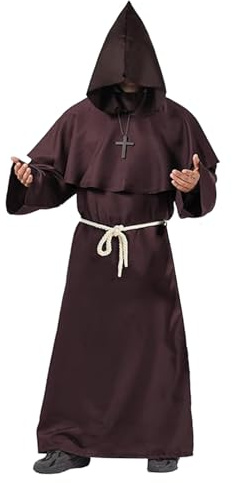 AirSuit® Costume da Monaco Medievale per Adulti – Tunica Lunga con Cappuccio + Croce in Legno | Taglia XL 180–185 cm | Abito Religioso Uomo | Halloween, Carnevale | OriginalCorner®