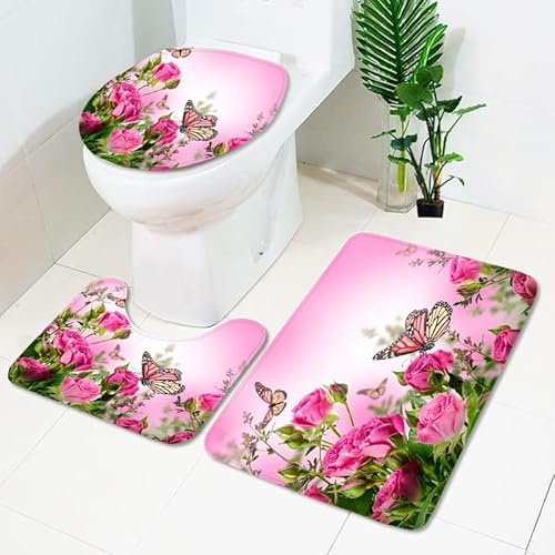 3-Piece Butterfly Rose Garden Bathroom Rug Set, Pink Floral Print Bath Mat Collection