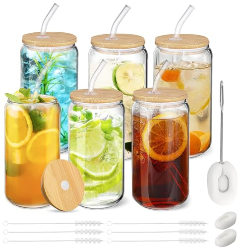 Dricksglas med sugrör och bambulock, 6 ölburkformade, iskaffebehållare, klara koppar för cocktails, whisky, cola, juice, soda, te, vatten, presentset (Transparent glas 6)