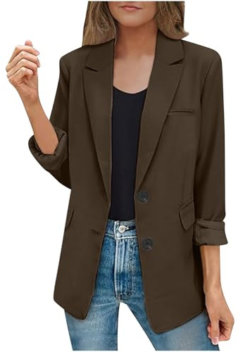 EMATOP Lang Blazer Damen Langarm Elegant Mantel Einfarbig Revers Sakko Jacke Lässig Business Blazerjacke Slim Fit Sportlich Longblazer mit Taschen Trenchcoat Vintage Knöpfe Übergangsjacke
