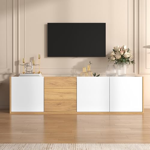 Jaxenor 171,5cm TV Lowboard mit 3 Schubladen und 3 Schranktür, Wand Gehängt oder auf den Boden Gestellt Werden Können, TV Board, Fernseher Schrank für Wohnzimmer, TV Schrank, Weiß und Holzfarbe