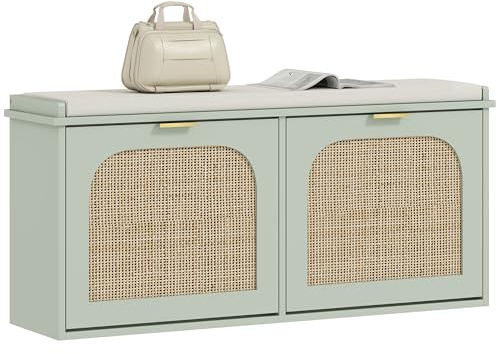 HOMCOM Narrow Shoe Bench with Padded Seat and 2 Flip-Drawers, Boho Shoe Storage Bench with Rattan Doors and Adjustable Shelves for Hallway, Entryway, Holds 10 Pairs, Light Green