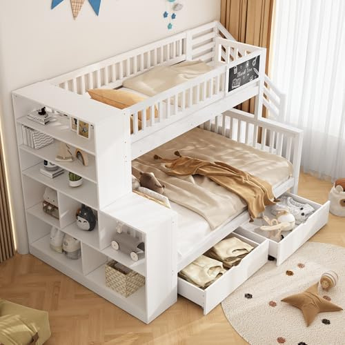 IHO SOFA Kinderbett Etagenbett Hochbett 140x200 & 90x200 cm, Hochbett mit Treppe, Kinderhochbett mit Stauraum, 2 Schubladen, Standregal, Schreibbrett und Lattenrost, für 3 Kinder, Weiß