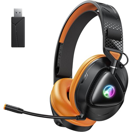 Awinnasey PH3 Wireless Gaming Headset für PS5, PS4, Switch, PC, Mac, Bluetooth Kopfhörer mit Abnehmbarem Mikrofon, Leichtes Bluetooth Headset mit RGB Licht, 50 Stunden Akku, Schwarz Orange