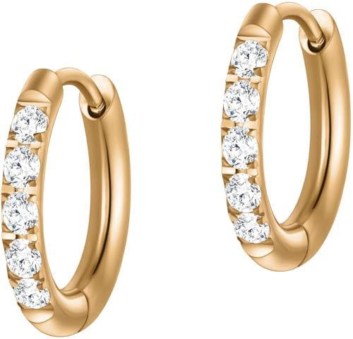 day.berlin Ohrringe Stone 18k vergoldet | kleine Damen Creolen mit Zirkonia Kristallen, 15mm Durchmesser 2mm stark, 316L Edelstahl nickelfrei und wasserfest