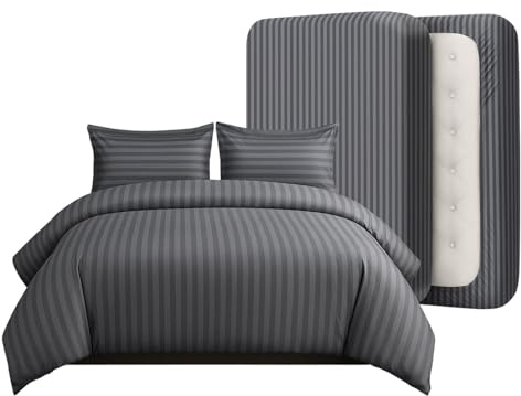 Casabella Duvet Cover Sets - 4 Pc Luxury Double Duvet Brushed Microfiber Duvet Full Set - Duvet Cover, Fitted Sheet & Pillowcase 2 Pack - Soft & Durable Double Duvet Set - Stripe Grey Bedding