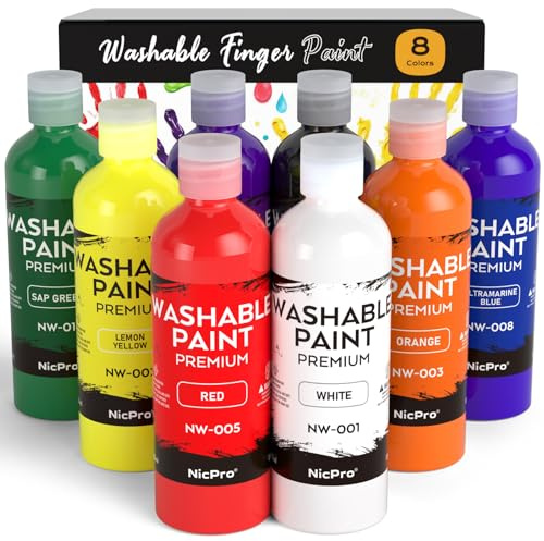 Nicpro 8 Colors Washable Finger Paint Set for kids(4 oz, 120 ml), Non-Toxic & Baby Safe Paint for Hand and Feet, Mess Free Finger Painting Art Supplies for Kids Age 3+, Preschool Learning Gifts