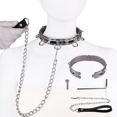 ZTHBYSB Edelstahl Halsband Halsreif SM mit Stacheln Bondage Metall Halsfessel BDSM Sklaven-Sexspielzeuge Erotik Fetisch Fesseln Halsbänder Cosplay Sex Toys für Paare, Männer & Frauen,Silber,Männer
