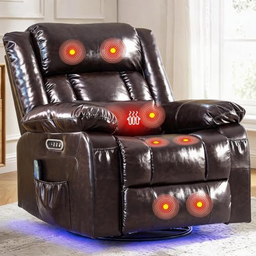 ZRNINR Relaxsessel mit Massagefunktion, Fernsehsessel Elektrisch Verstellbar, 240°Drehbarer Relaxsessel mit Liegefunktion, Schaukelsessel Wohnzimmer Kinosessel mit LED, Brau