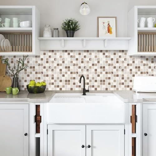 Alwayspon Piastrelle adesive da parete in vinile 3D a mosaico, 25,4 x 25,4 cm, impermeabili, autoadesive, paraspruzzi, per cucina, bagno, parete, mix beige marrone