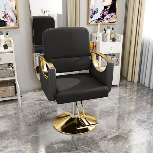 KEIKI Professional Salon Chair, 360° Swivel Hydraulic Barber Chair for Hair Stylist, Non-Tilting Hair Salon Chair for Tattoo & Beauty Spa, Black & Gold