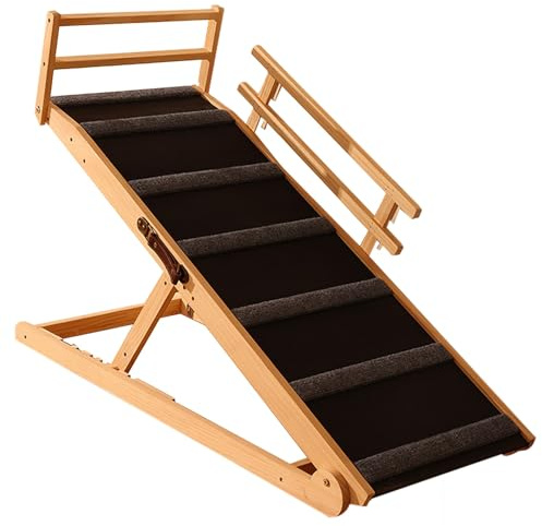 Hunderampe aus Holz für Betten - 6-stufig verstellbar, rutschfeste Hunderampe für Sofas mit Geländer, 7 horizontale Streifen von rutschfestem Teppich