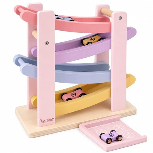 Vanplay Montessori à partir de 1 an, Voiture Jouet, Piste à Billes en Bois pour 1‑2 Ans, Jouet en Bois, Cadeau pour garçon et Fille de 1‑2 Ans (Rose) (Rose)