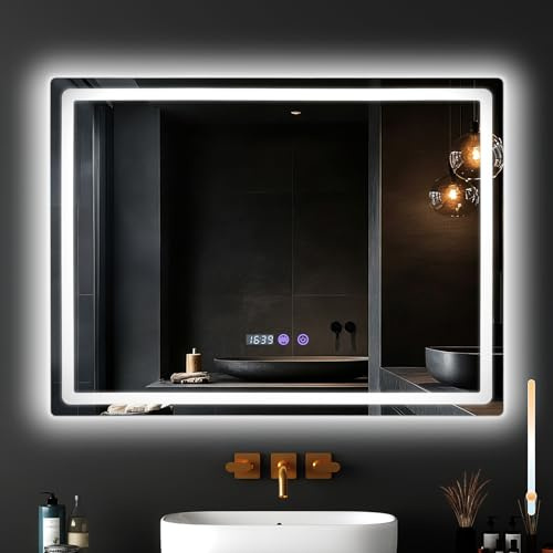 Treeboy Badezimmerspiegel Mit Beleuchtung 80X60cm Led Badspiegel Mit Licht | Bad Spiegel Mit Beschlagfrei Touch-Schalter Dimmbar 3 Lichtfarben Uhr Temperatur Wandspiegel Ip44 Hd Gehärtetes Glas