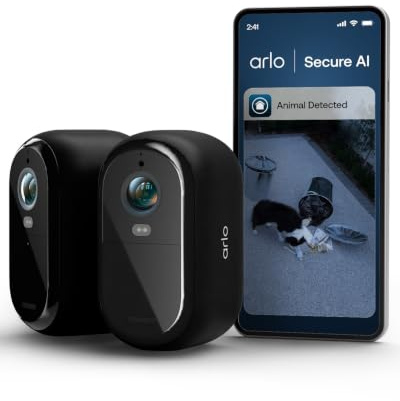 Arlo Essential 3 HD Akku Überwachungskamera Aussen, Schwarz, 2-Kamera-Set | Kabellos, Farb-Nachtsicht, KI-Bewegungserkennung, 130° Weitwinkel, Alexa-kompatibel, Arlo Secure Testzeitraum