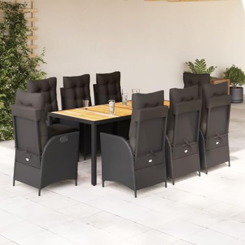 YunCangg 9 stycken trädgårdsmatgrupp svart poly rotting med akaciaträbord, justerbara fåtöljer, kuddar, väderbeständiga trädgårdsmöbelset för terrass balkong veranda för avkoppling och grillning