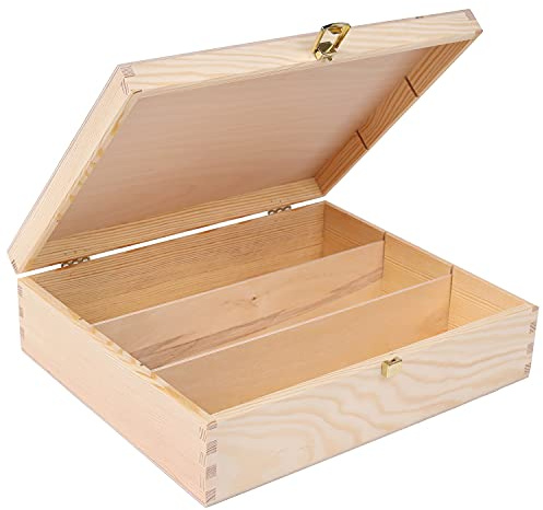 Creative Deco Weinkiste Holzkiste Wein-box für 3 Flaschen 35,1 x 30 x 10 cm | mit Deckel und Verschluss | für Decoupage, Ostern, Dekoration, als Geschenk | aus Kiefern-Holz