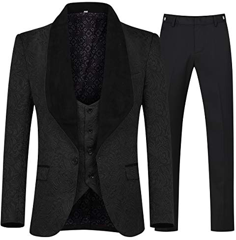 YFFUSHI Men's 3 Piece Suit Slim Fit Jacquard Tuxedo 1 Button Shawl Collar Blazer Vest & Pants for Wedding Formal Prom Black