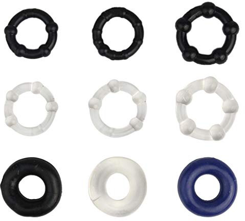 Jerbro 9 Stück Wasserdicht Silikon Super Stretch Penisringe Cockringe Zufällige Farbe, Verzögerung der Ejakulation und längere Erektion - Pleasure Ring Sexspielzeug für Männer (black blue clear)