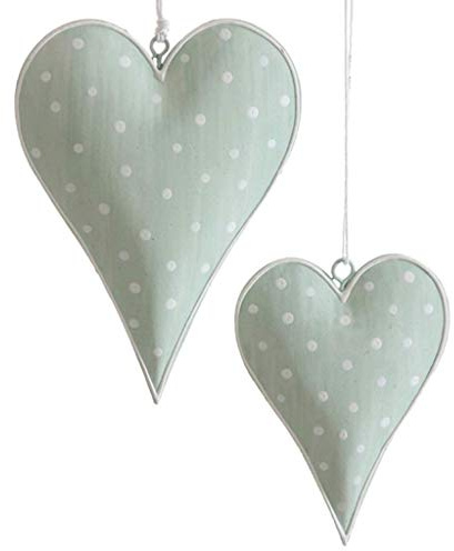 Metallherzen Herzen zum Aufhängen - Herzanhänger aus Metall - Dekoherzen - Dekoration - Vintage - Shabby Chic - 1 VE = 2 Stück - ca.9.5 x 13 cm - Grün mit weißen Punkten - AD68373