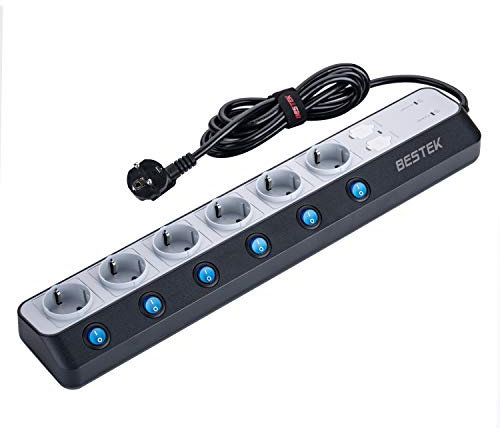 BESTEK 900J Multipresa Ciabatta Elettrica con 6 Prese Schuko e 4 Porte USB, Presa Multipla con Interruttori Indipendenti, Anti Sovratensioni SPD, Coperchio di Sicurezza, 3600W/16A, Cavo 1,8m