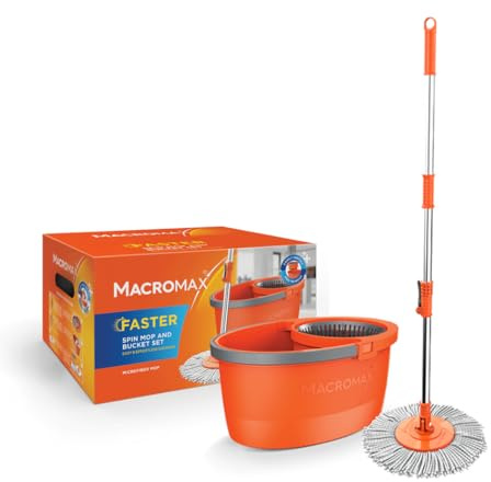 Macromax - Faster Automatic Spin Mop 16L Cleaning Set, 100% Microfibre Mops - Telescopic Turn Handle, Automatic Wash & Removable Dry Basket, Made from 90% Recyclable Material (Spin Mop Set)