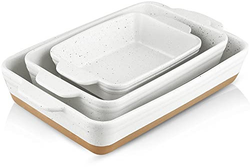 HVH Baking Dish Set, 9x13 Baking Dish, Large Casserole Dish Set, Ceramic Lasagne Pan Deep, Baking Dishes for Casseroles 13 x 9, Ceramic Bakeware Set of 3, Farmhouse Style (White)