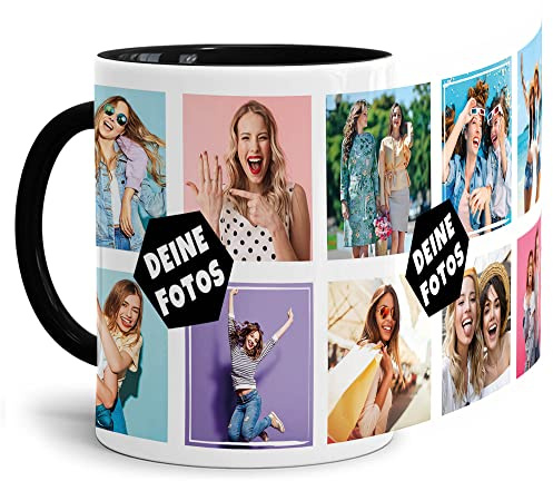 Foto-Tasse zum selbst gestalten mit Foto-Collage für 10 Wunschfotos - Geschenk für Familie, Freunde, Geburtstag, Weihnachten - Keramik Innen & Henkel Schwarz, 300 ml I Personalisiert