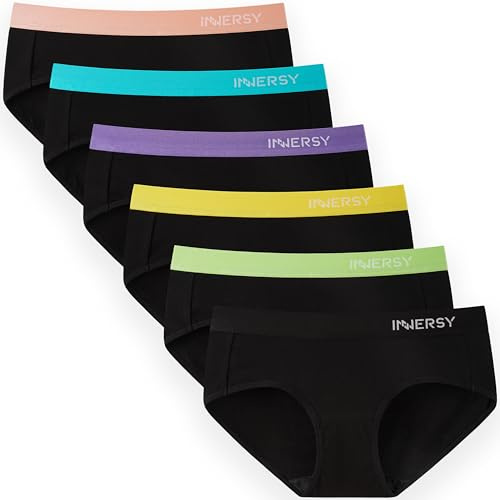 INNERSY Bragas Mujer Algodón Cómoda y Respirable de Braguitas Elasticidad con Faja Ropa Interior Mujer Sexy Pack de 6 (L, Negro con Multicolor Faja)