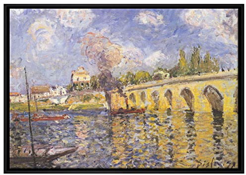 Pixxprint Alfred Sisley - River Steamboat and Bridge Leinwandbild 100x70 cm im Bilderahmen, Wandbild, Schattenfugenrahmen, Kein Poster