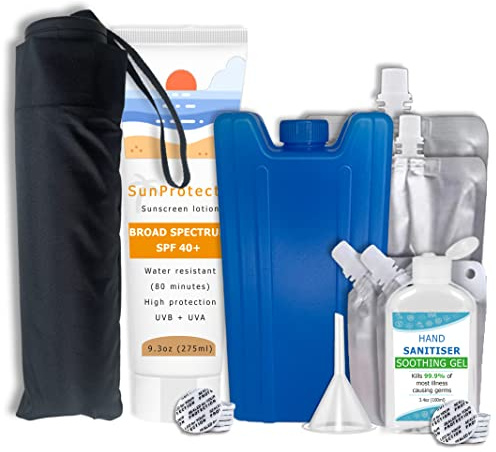 Seshlehem,Paquete de 8 frascos secretos jumbo,1675 ml,Alcohol furtivo en cualquier lugar,Marca del Reino Unido (Paquete de hielo + paraguas + crema solar + desinfectante + bolsas)