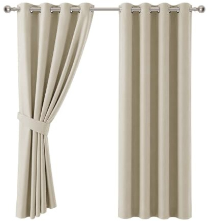 Aspire Homeware Blackout Eyelet Cream Curtains, 66x90 1 Pair & Tiebacks | Eyelet Curtains for Living Room 90 Drop, Thermal Curtains for Bedroom, Heat Blocking Curtains, 2 Panels with Tiebacks
