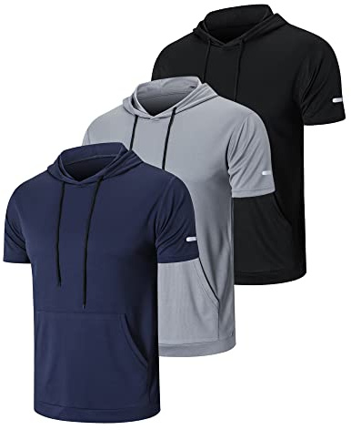 frueo Men's 3 Pack Workout Shirts Quick Dry Moisture Wicking Short Sleeve Mesh Athletic T-Shirts with Hoods,Black Gray Navy,M