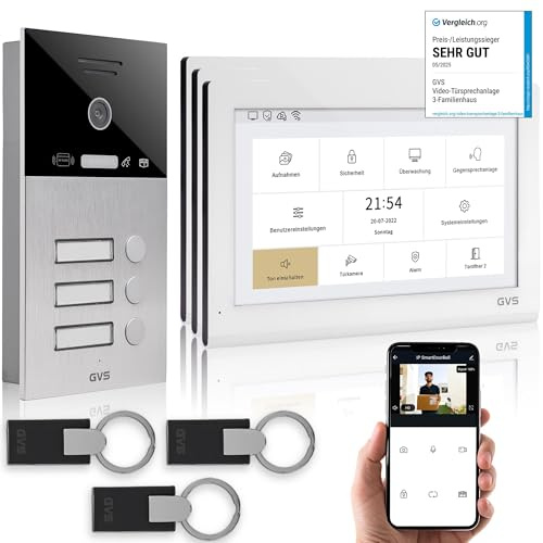 GVS - IP Video Türsprechanlage 3 Familienhaus mit Türöffner (RFID), HD Kamera, 3X 10 Zoll Monitor & App - Smarte Video Türklingel mit Kamera & Gegensprechanlage (AVS5426U)