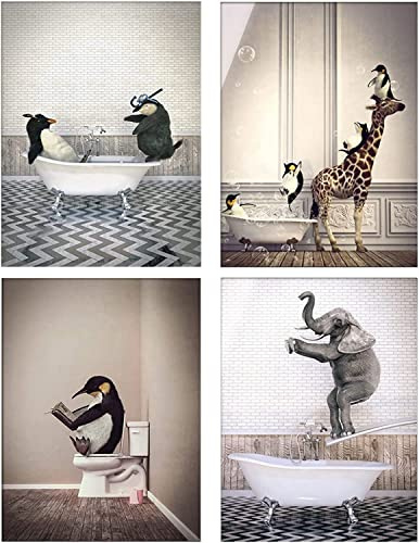 HMDKHI Tier in der Badewanne Leinwandbilder Traumbad Poster, Tier Schwarz Weiß Wandbilder Minimalistische Wohnkultur - Ohne Rahmen(Stil-2,4Pcs-30x40cm)