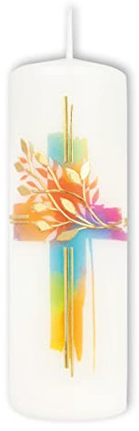 Fritz Cox Osterkerze 'Regenbogen Kreuz und Lebensbaum' 150x50 | christliche Kerze | in Deutschland gefertigt | tolles Geschenk zu Ostersonntag |