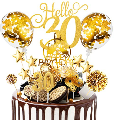 Tortendeko 30. Geburtstag, Deko 17Pcs Kuchendeko mit Happy Birthday Gold, Sternen, Luftballons und Papierfächer