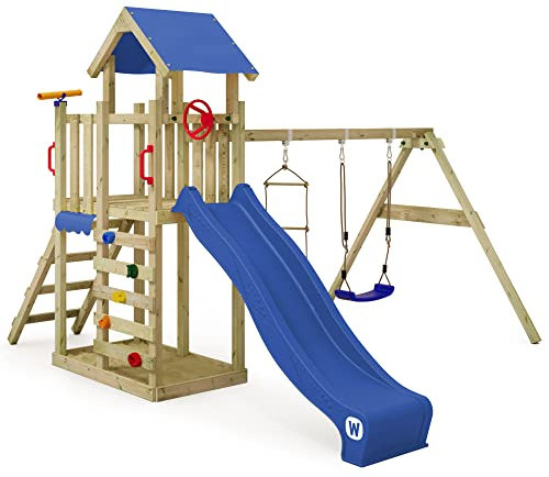 Wickey Spielturm Klettergerüst MultiFlyer Light, Schaukel & Blauer Rutsche, Outdoor Kinder Kletterturm mit Sandkasten, Leiter & Spiel-Zubehör für den Garten