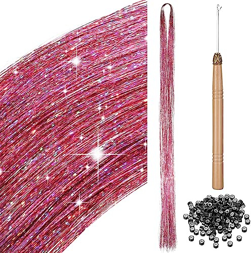 200 Haar Lametta mit Werkzeug Lametta Haarverlängerung Glitzer Haarteil zum Flechten Haarsträhne Kit für Frauen Mädchen Kinder Cosplay Party Zubehör (Rosa)