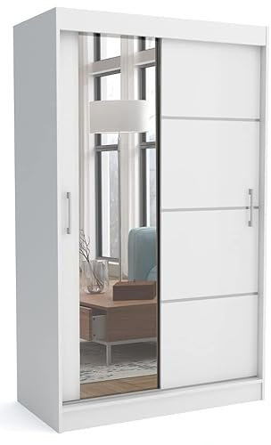 Brent - Kleiderschrank mit Spiegel 100cm Breit Windsor Tomy I Schlafzimmerschrank mit 2 Kleiderstange und Einlegeböden für Kleidung I Kleiderschrank Weiß